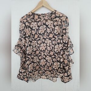 EUC Banana Republic S Sheer Blouse Flare Ruffle Floral Gold